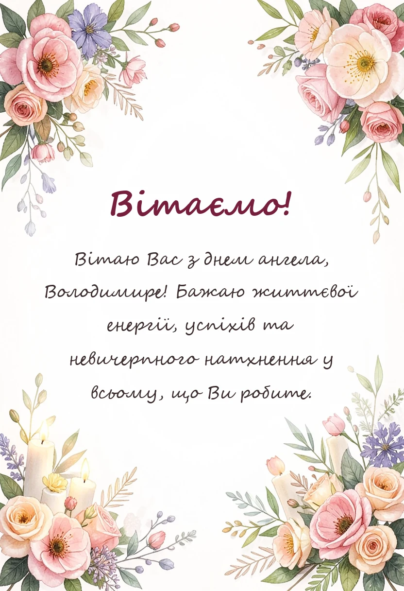 вітальна листівка - привітання з днем ангела володимира