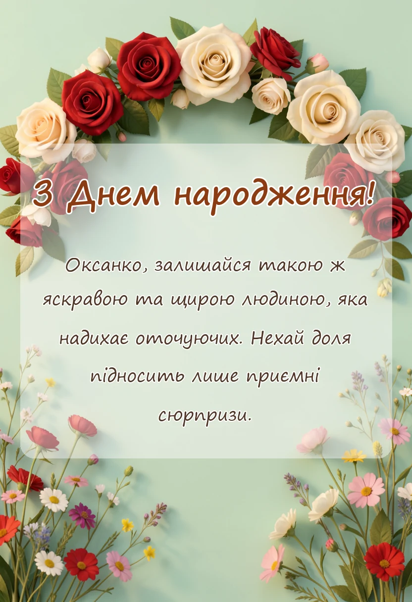 красива листівка: привітання з днем народження оксані