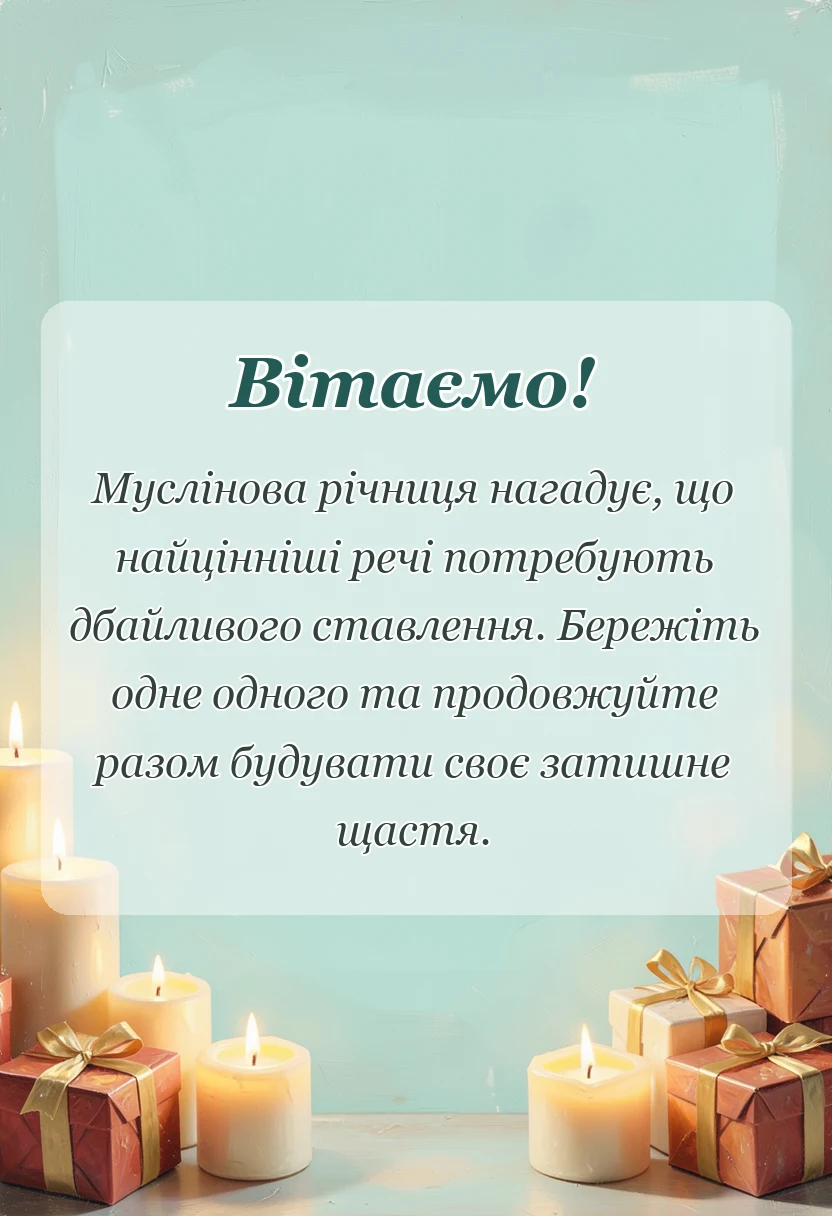 унікальна листівка - привітання з мусліновим весіллям своїми словами