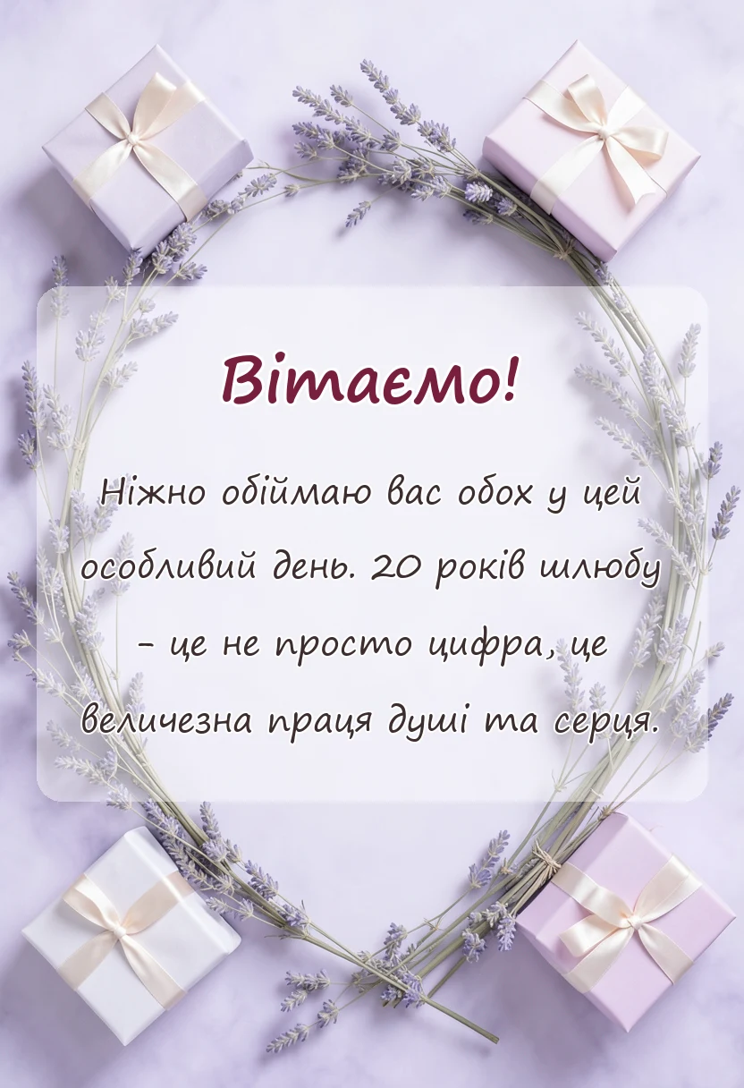 святкова картинка: привітання на 20 років весілля своїми словами