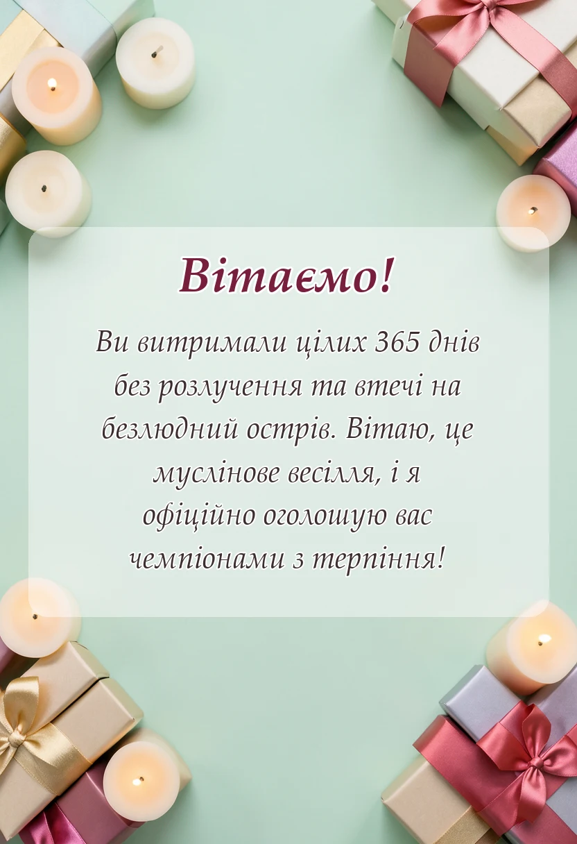 унікальна листівка - привітання з мусліновим весіллям своїми словами