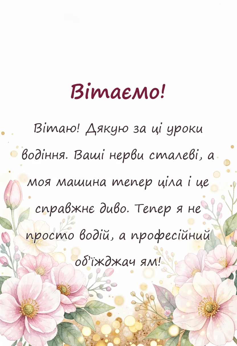 листівка з побажанням - подяка інструктору з водіння