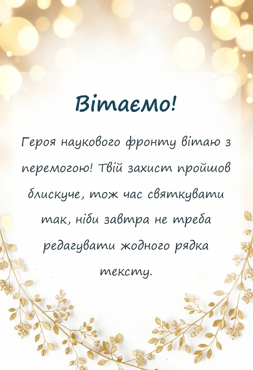 вітальна листівка - привітання з захистом дисертації своїми словами