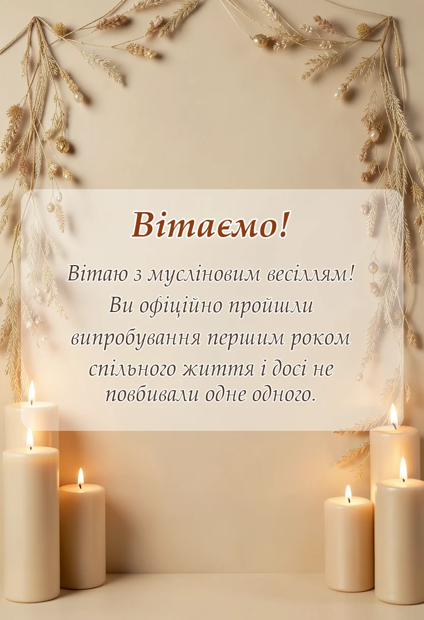 вітальна листівка - привітання з мусліновим весіллям своїми словами