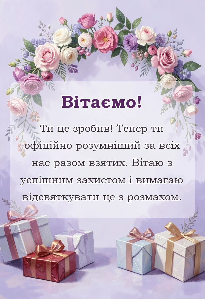 вітальна листівка - привітання з захистом дисертації своїми словами