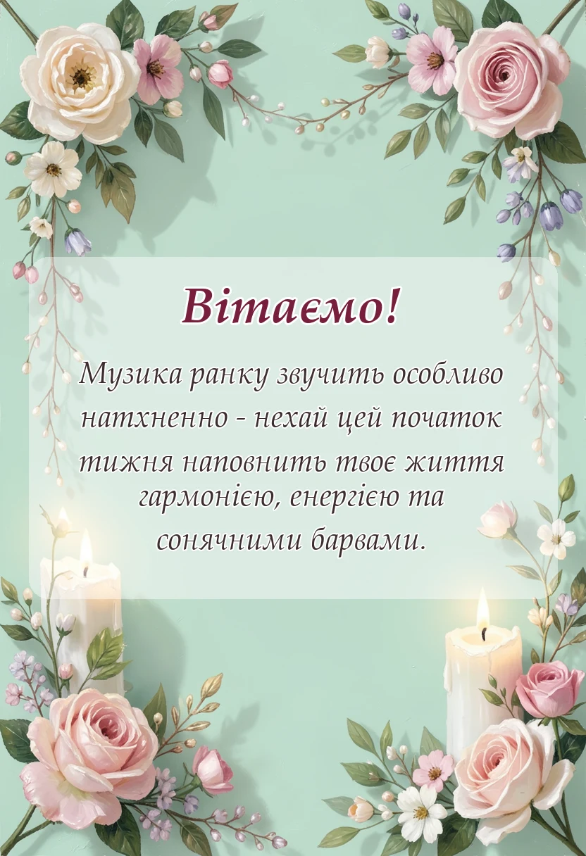 святкова картинка: побажання гарного понеділка та вдалого тижня своїми словами
