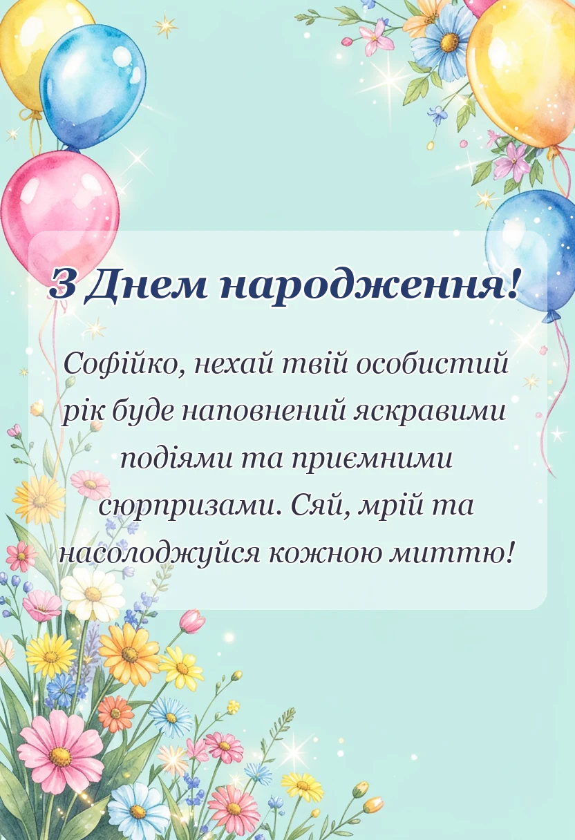вітальна листівка - привітання з днем народження софія