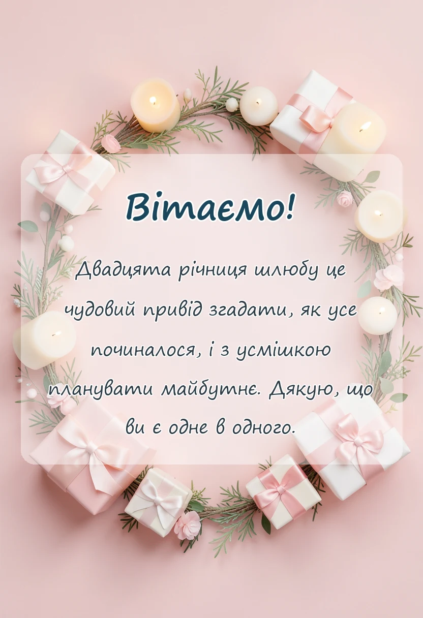 листівка з побажанням - привітання на 20 років весілля своїми словами
