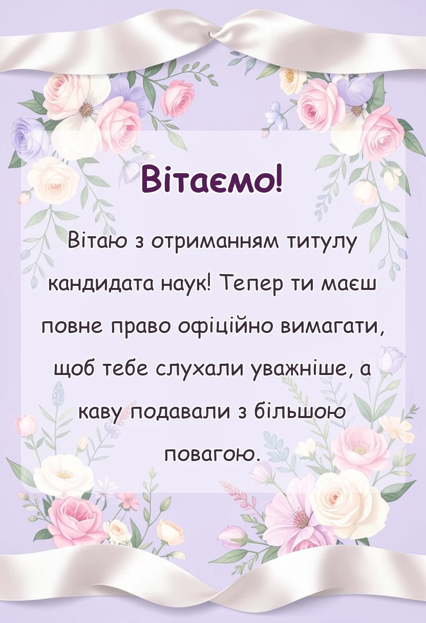 вітальна листівка - привітання з захистом дисертації своїми словами