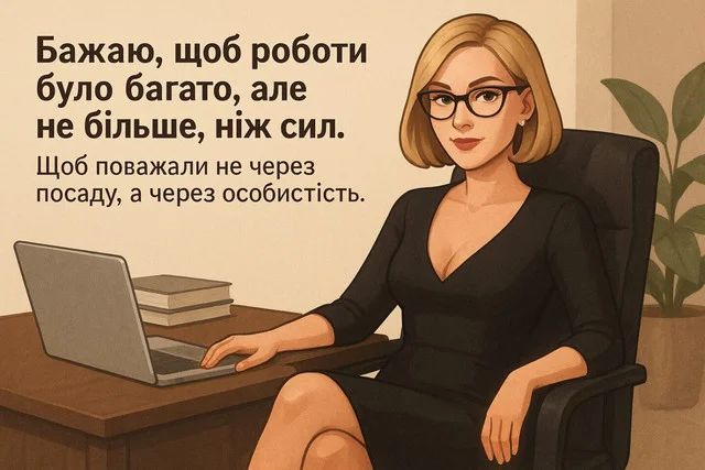 Жінка за робочим столом з побажаннями на роботу