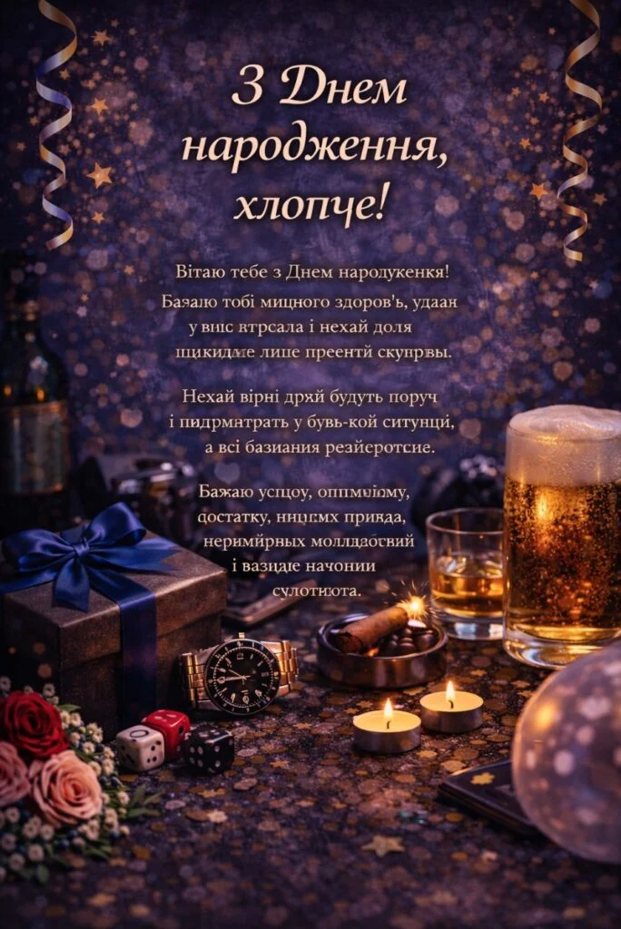 Привітання з днем народження хлопцю на фоні святкових атрибутів.