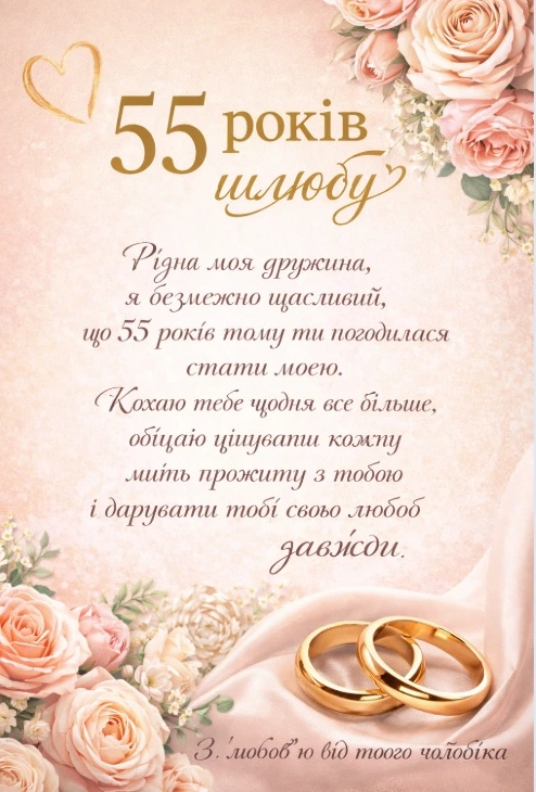 Картка на 55 років шлюбу з квітами та кільцями