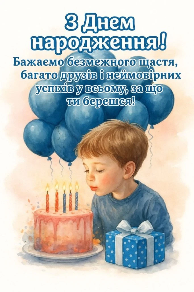 Дитина дме свічки на торт з привітанням.