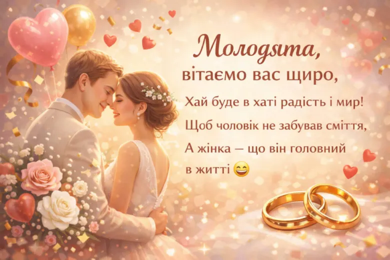 Весільна вітальня з парою та гуморним текстом