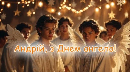 Група юнаків-ангелів на святковому фоні з привітанням Андрію.