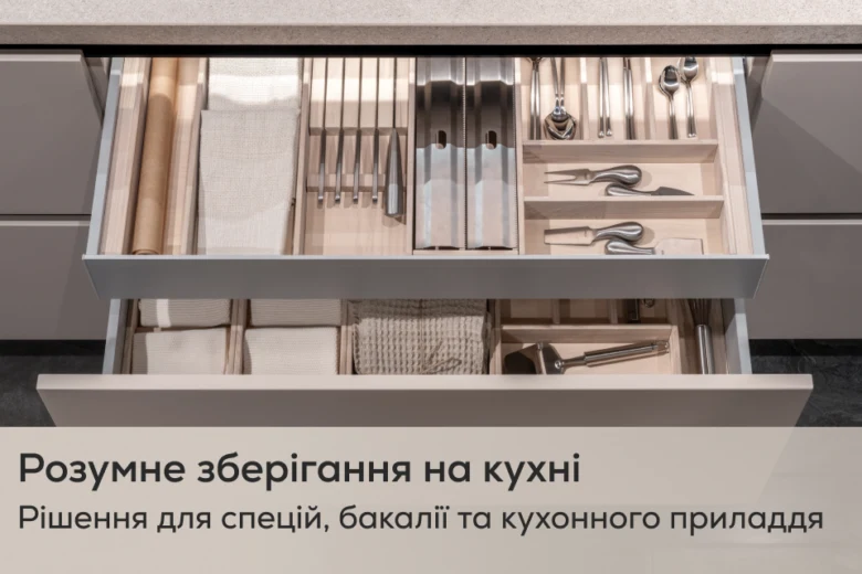 Відкриті ящики з організованим посудом та приладдям на кухні