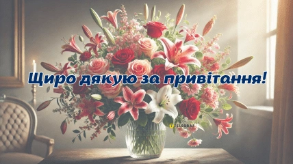 Квіти в квіткарні з написом подяка за привітання