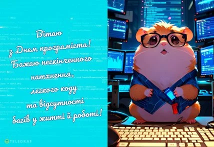 Смугастий хом'як у окулярах з ноутбуком на фоні екранів.