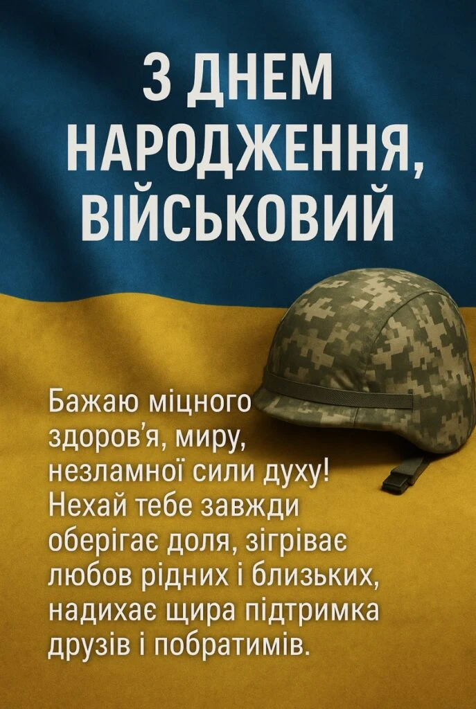 Вітання з днем народження захиснику України на фоні прапора.