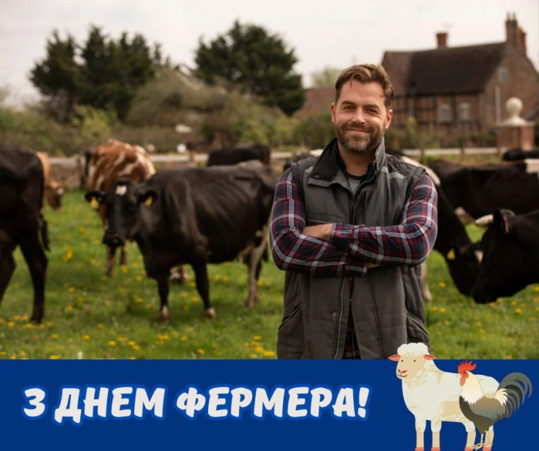 Фермер у полі з коровами та іншими тваринами