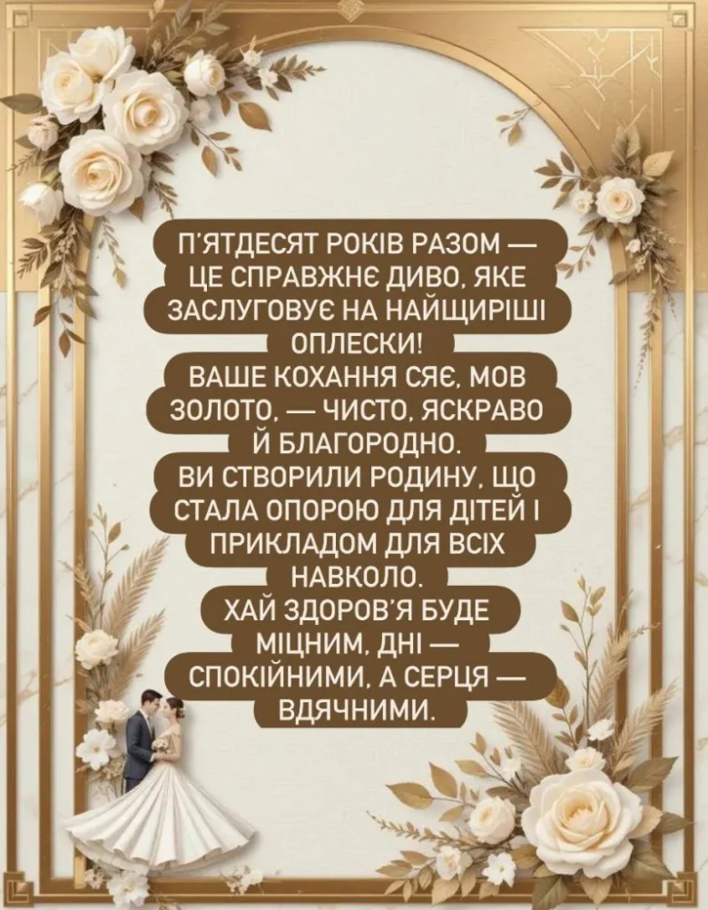 Привітання до золотого весільного ювілею з квітами та текстом.