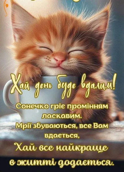 Миле котеня в чашці з побажаннями доброго ранку.