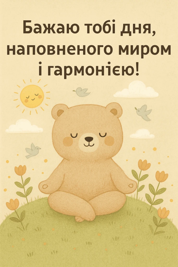 Мілий ведмідь медитує на пагорбі під сонцем з квітами та птахами.