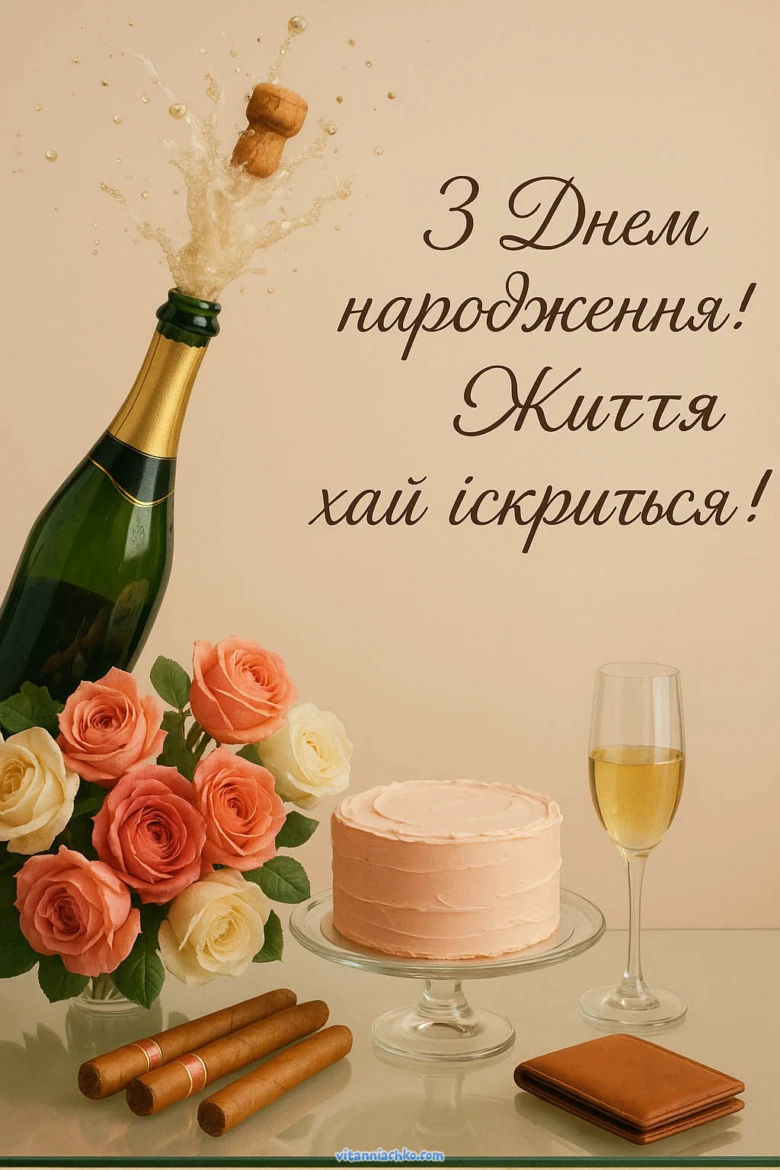 Листівка з днем народження: шампанське, квіти та торт.