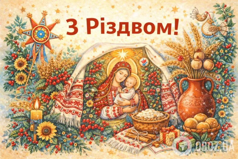 Українська Різдвяна картка з Матір'ю Божою та Ісусом.