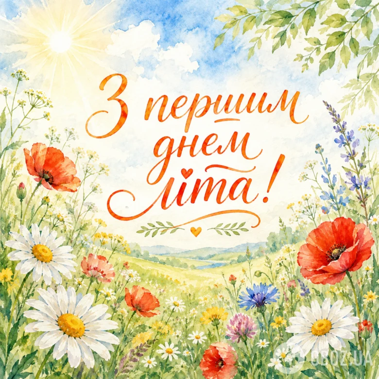 Квіткове поле з сонцем та привітанням про початок літа.