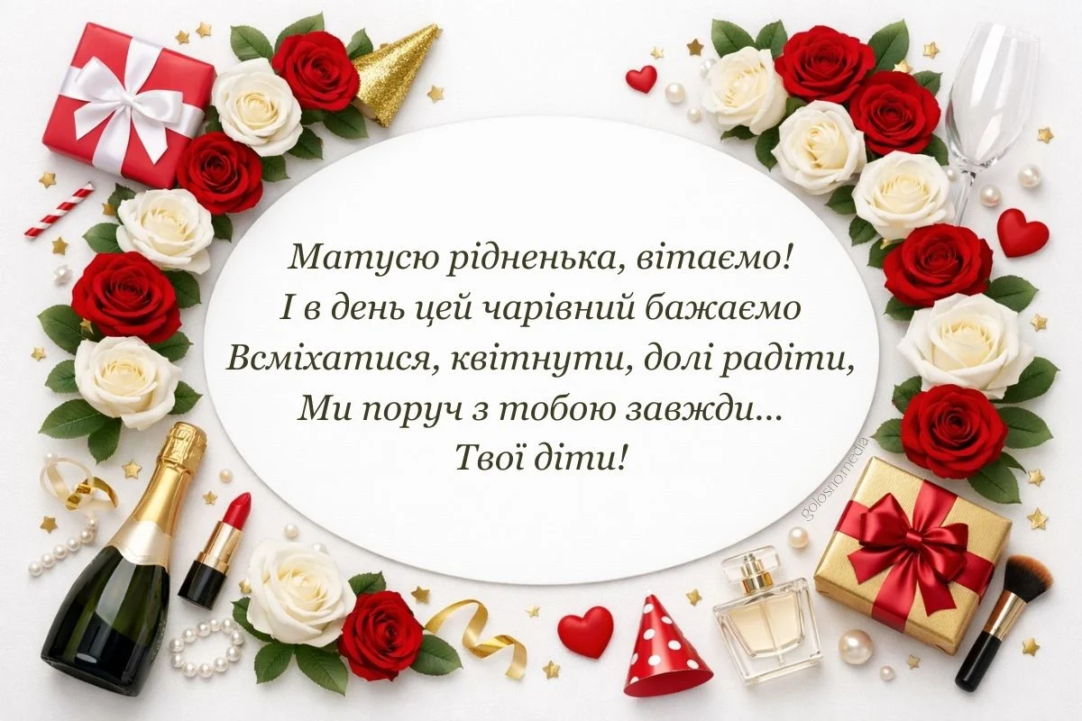 Привітання мамі з ювілеєм у квітках та подарунках