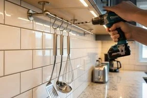 Встановлення рейки для кухонних приладь на плитковій стіні.