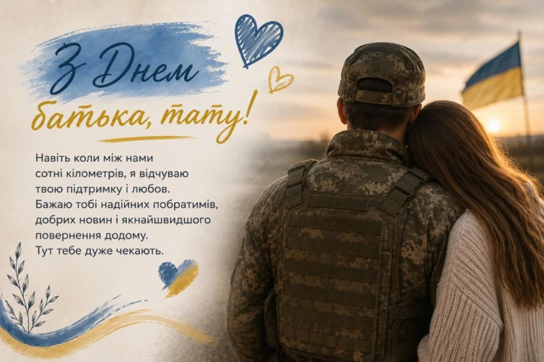 Вояк обіймає доньку на заході сонця з прапором України.