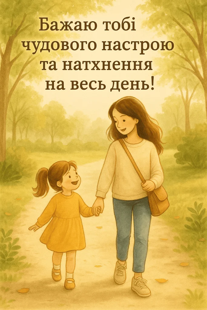 Мама з донькою йдуть по лісовій стежці в осінній день.