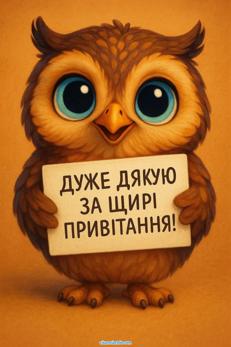 Смуглява сова тримає табличку з подякою за привітання.