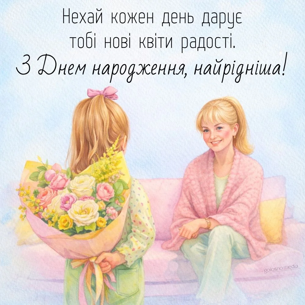 Дівчинка дарує квіти мамі з привітанням на день народження.