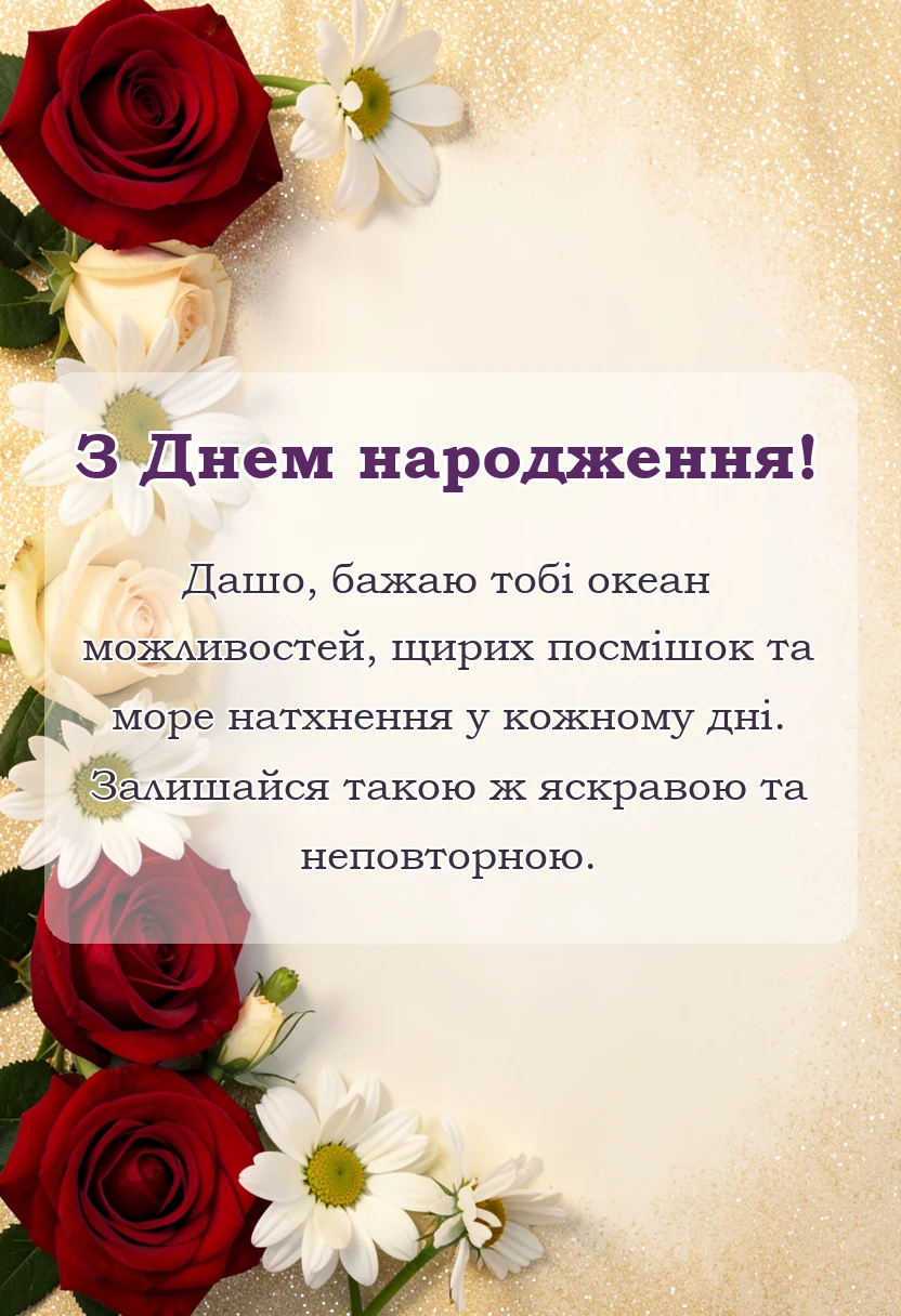 красива листівка: привітання з днем народження даші