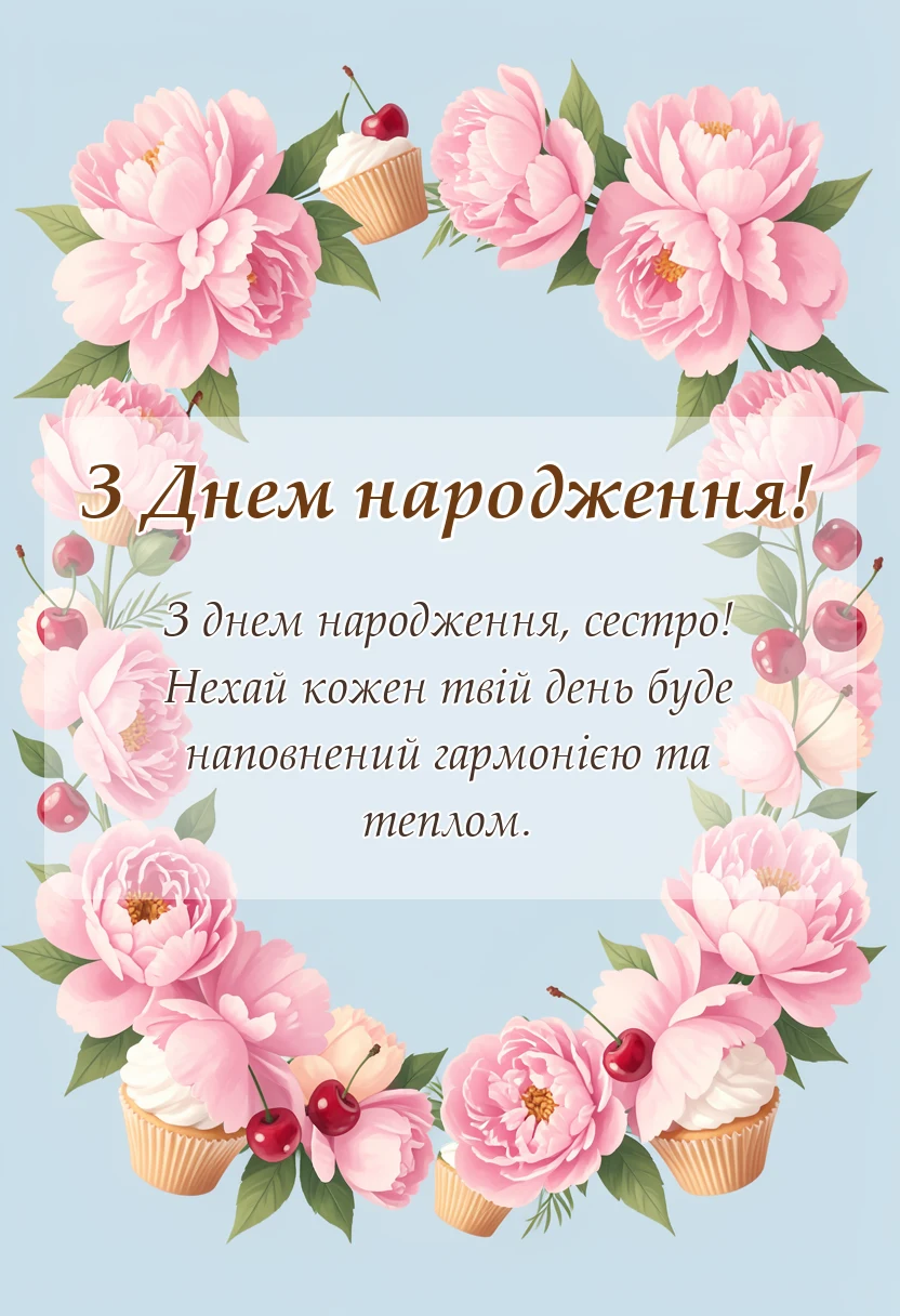 вітальна листівка - привітання з днем народження двоюрідній сестрі
