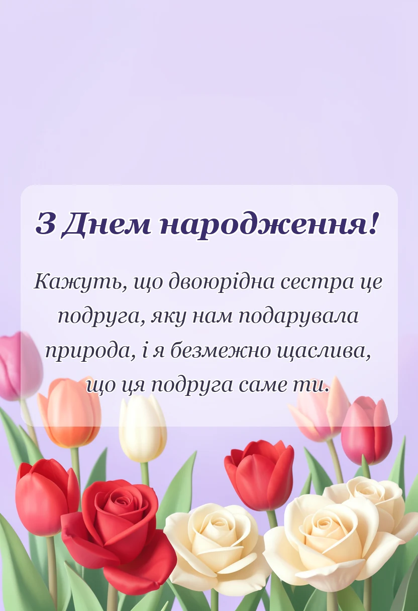 листівка з побажанням - привітання з днем народження двоюрідній сестрі