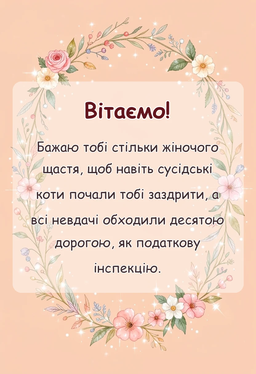 вітальна листівка - привітання з днем жіночого щастя в картинках і листівках