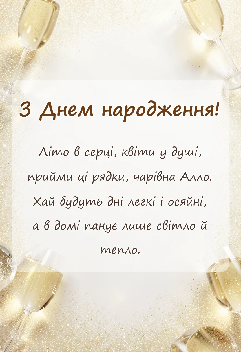 листівка з побажанням - привітання з днем народження аллі