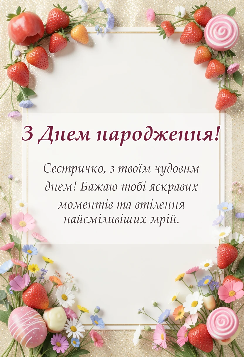 вітальна листівка - привітання з днем народження двоюрідній сестрі