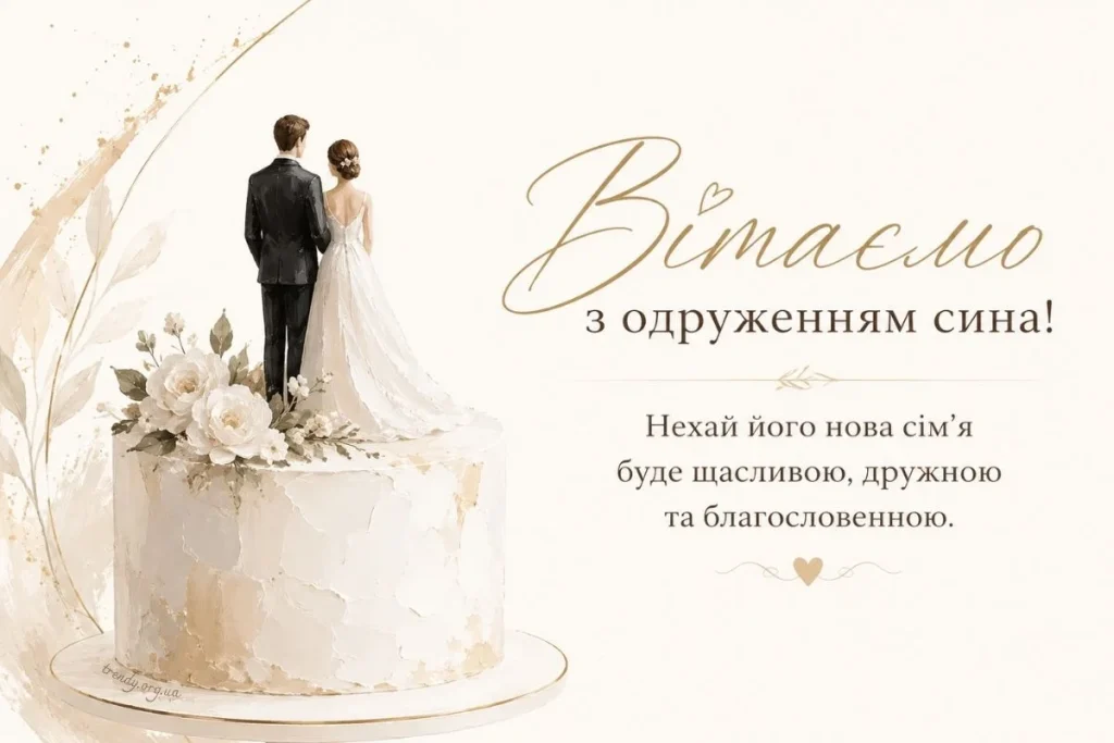 Вітання батькам з одруженням сина: весільний торт та фігурки.