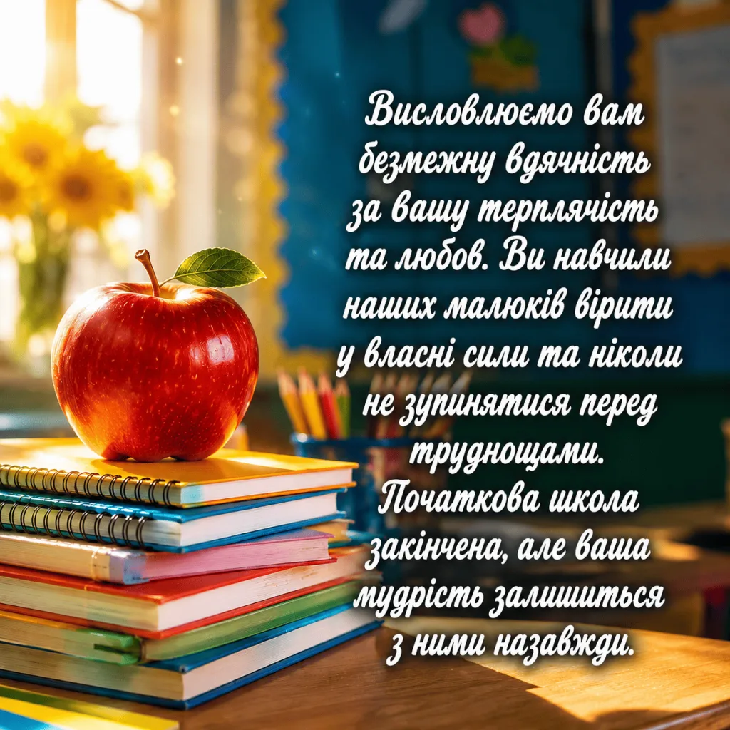 Яблуко на зошитах у класі з подякою вчителям від батьків