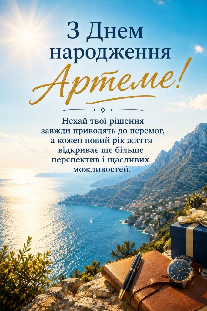 Привітання з днем народження Артему на фоні моря та гір