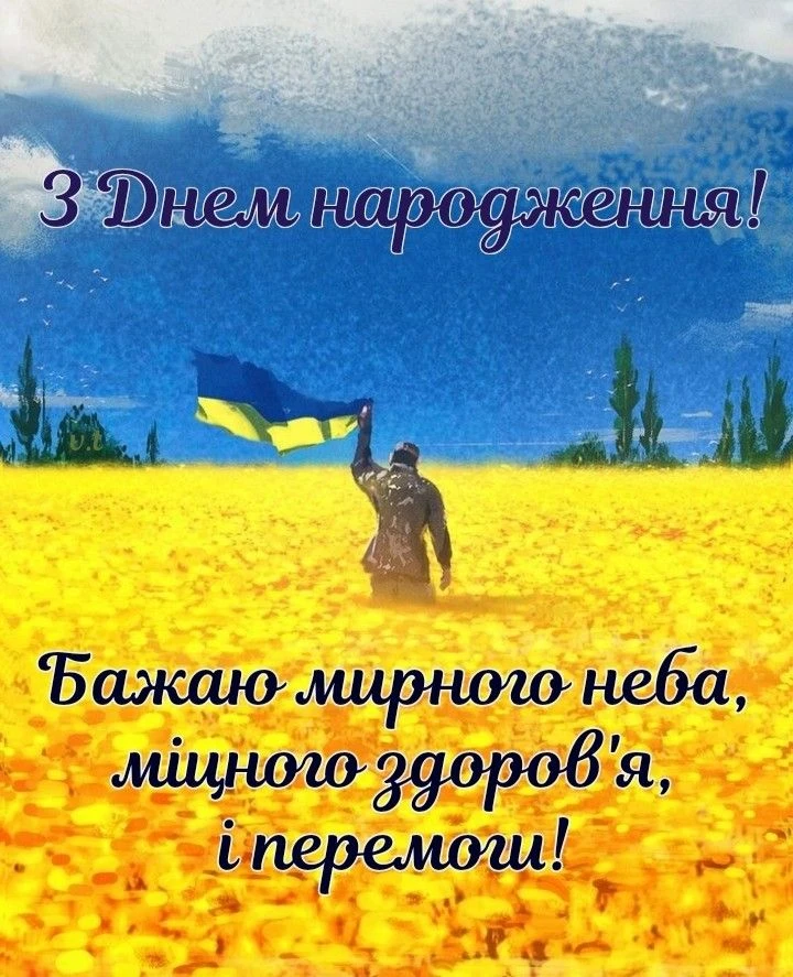 Військовий тримає прапор України на полі з привітанням.