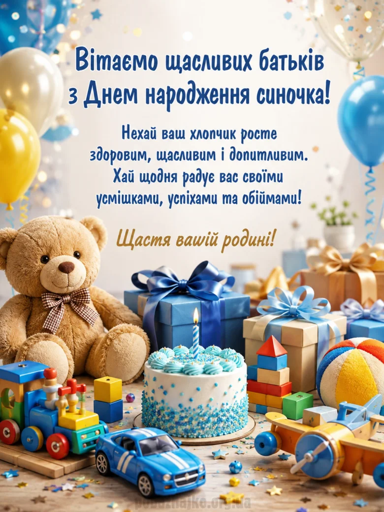 Привітання хлопчику з днем народження: іграшки, торт та ведмедик.