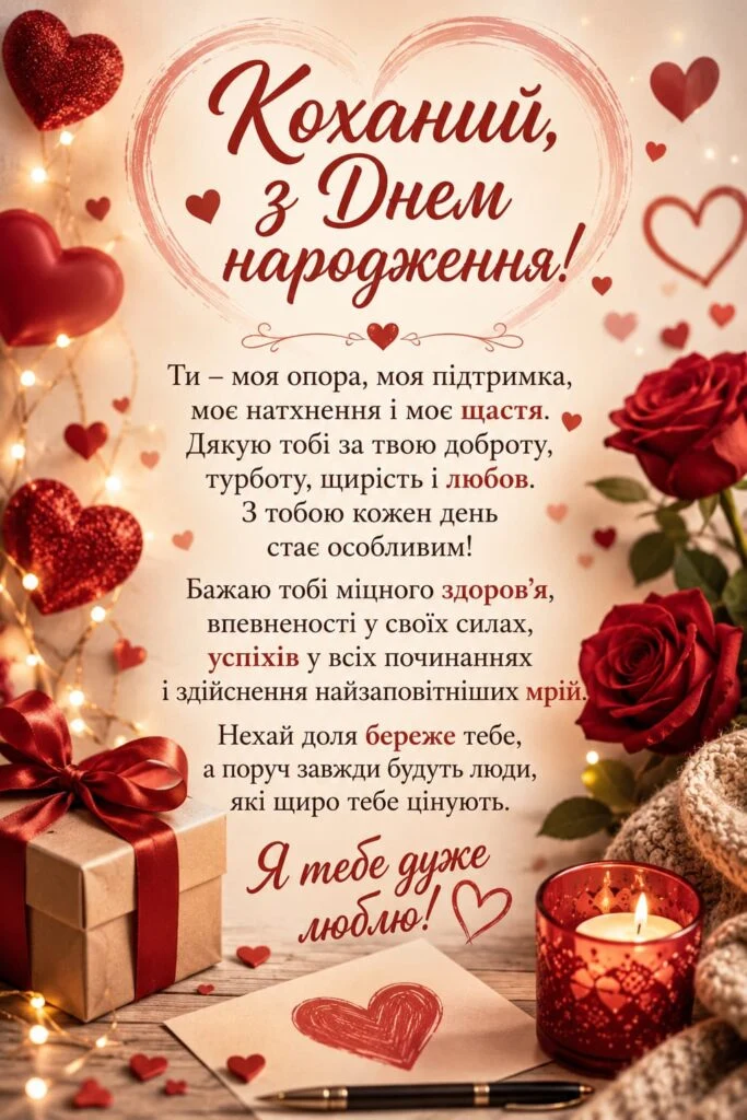 Картка з побажаннями на день народження коханому