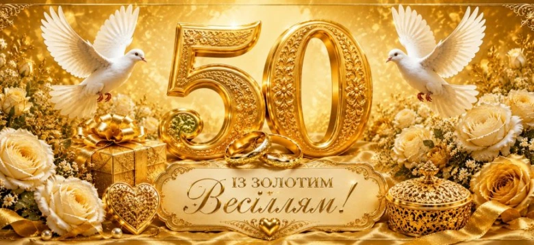 Золоте весілля: птахи, квіти та подарунки на фоні.