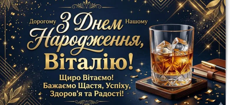 Привітання з днем народження Віталій у золотих тонах